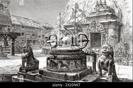 The Thunderbolt of Indra in front of the Buddhist temple of Swayambhunath, ancient religious complex on top of a hill, Kathmandu Valley. Nepal. Asia. Drawing by Edgar Barclay (1842 - 1913) Travel to Nepal by Doctor Gustave Le Bon (1841-1931) Le Tour du Monde 1886 Stock Photo