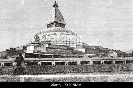 Buddhist stupa of Boudhanath, Kathmandu. Nepal. Asia. Drawing by Kohl. Travel to Nepal by Doctor Gustave Le Bon (1841-1931) Le Tour du Monde 1886 Stock Photo