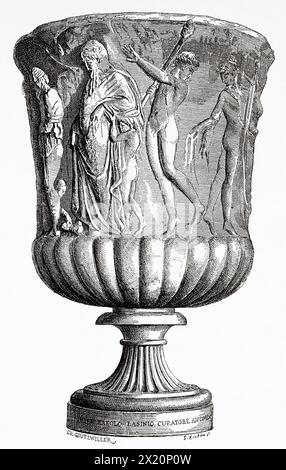 Greek Hellenistic vase located in Camposanto Cemetery, Pisa. Tuscany, Italy. Europe. Drawing by  Goutzwiller. Travel through Tuscany 1881 by Eugene Muntz (1845 - 1902) Le Tour du Monde 1886 Stock Photo