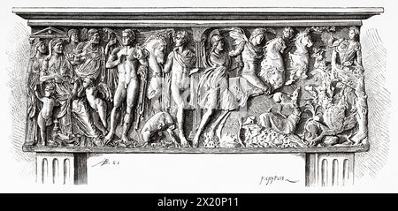 Roman Sarcophagus depicting the anecdote of Phaedra and Hippolytus, Camposanto Monumental Cemetery, Pisa. Tuscany, Italy. Europe. Drawing by  Chapuis. Travel through Tuscany 1881 by Eugene Muntz (1845 - 1902) Le Tour du Monde 1886 Stock Photo