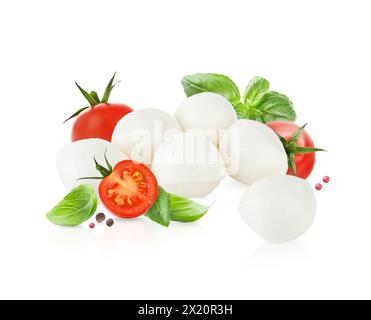 Mozzarella cheese balls, tomatoes, basil leaves and peppercorns for caprese salad isolated on white background. Mockup for advertising or product pack Stock Photo