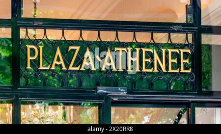 Sign at the entrance to Plaza Athénée. The Plaza Athénée is a luxury Parisian hotel located in the Champs-Elysées district, Paris, France Stock Photo