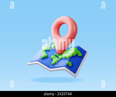 3D cartoon folded world map with location pin Stock Vector