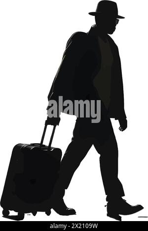 Vector illustration of a man with a suitcase on wheels in black silhouette against a clean white background, capturing graceful forms. Stock Vector