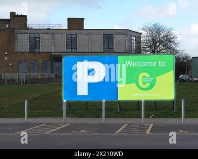 Sign in the car park at the shopping complex in the town centre of Corby, England. Stock Photo