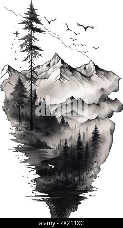 Vector illustration of a landscape; river, trees, mountains in black silhouette against a clean white background, capturing graceful forms of this vec Stock Vector