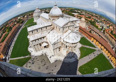 Iconic view from atop Pisa Tower with fisheye lens: cathedral, tourists, Italy's charm in one frame Stock Photo