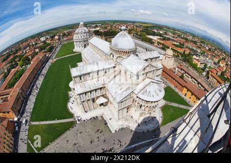 Iconic view from atop Pisa Tower with fisheye lens: cathedral, tourists, Italy's charm in one frame Stock Photo