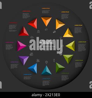 Full year timeline template with all rainbow colored months as arrows  in one big cycle and short descriptions, all on dark gray background Stock Vector