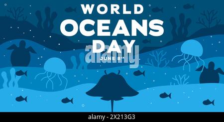 world ocean day silhouette horizontal banner illustration Stock Vector