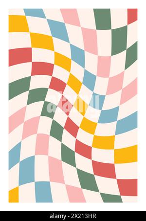Psychedelic Checkerboard. Colorful Groovy hippie 70s background. Distorted vector illustration in Y2k style Stock Vector