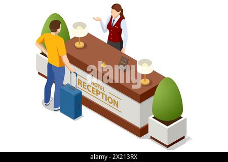 Isometric Hotel Reception Interior. Reception Desk. Young Woman Receptionist Character Standing. Tourism, Hotel Arriving, Tourism, Business Trip Inn Stock Vector