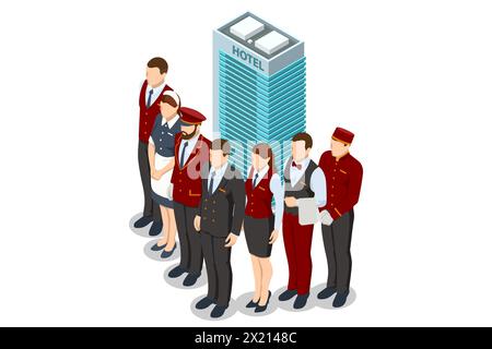 Isometric Hotel Services Receptionist Baker and Waiter, Cleaners and Porter, Hospitality Workers, Hotel Restaurant Team. People in Uniform. Service Stock Vector