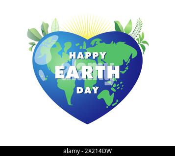 Happy Earth Day creative greeting card. Social network timeline post. 3D planet heart, Sun and plants. Save the Earth poster idea. Symbol of Mother Stock Vector