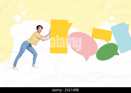 Trend artwork composite photo collage of silhouette young strong lady pull push hands pile sms message clouds textbox bubble conversation Stock Photo