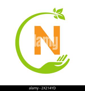 Eco Logo On Letter N Concept with Hand and Leaf Symbol. Recycle Sign Stock Vector