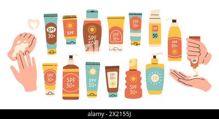 Set of sunscreen products isolated. SPF protection and sun safety concept. SPF summer products lotion, cream, spray.  Stock Vector