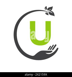 Eco Logo On Letter U Concept with Hand and Leaf Symbol. Recycle Sign Stock Vector