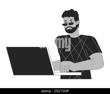 African american man using laptop black and white 2D line cartoon character Stock Vector