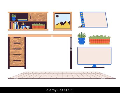 Graphic designer gadgets furniture 2D linear cartoon objects set Stock Vector