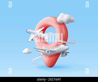 3D airplane in clouds and location pin Stock Vector