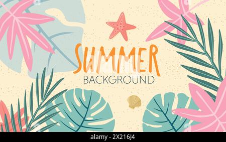Beach background with leaves, shell and starfish. Summer banner vector illustration Stock Vector
