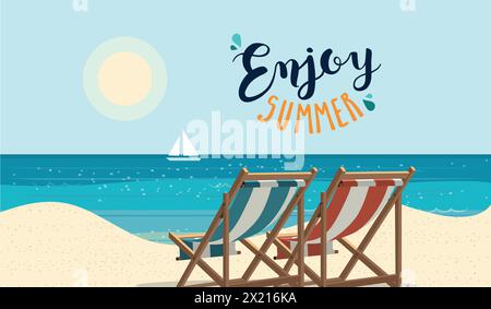 Beach background with beach loungers on the sand. Summer banner vector illustration Stock Vector