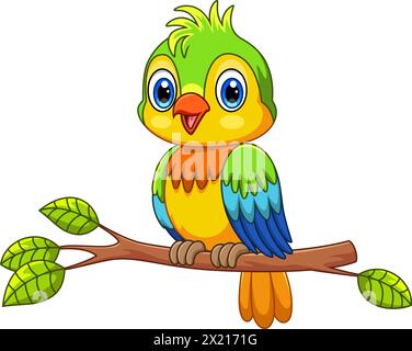 Cartoon Cute Parrot on a tree branch Stock Vector