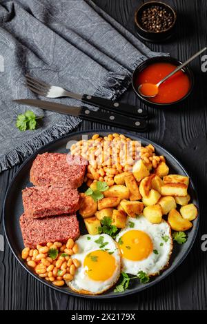 corned beef slices, baked beans, roasted potatoes and sunny side up ...