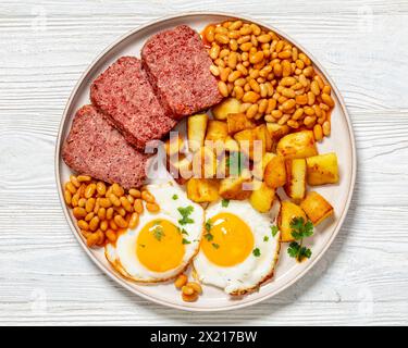 corned beef slices, baked beans, roasted potatoes and sunny side up ...