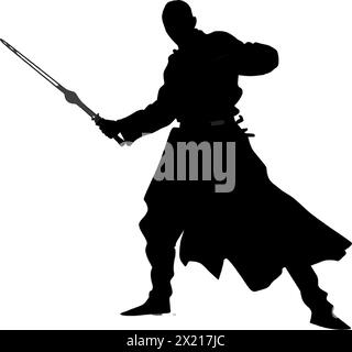 Vector illustration of a samurai in black silhouette against a clean white background, capturing graceful forms. Stock Vector