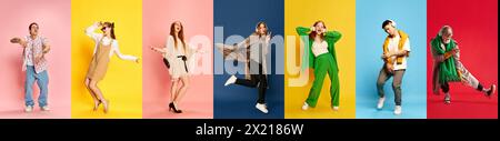 Banner. Colorful set of positive people dressed trendy retro clothes listening music in headphones against multicolored background. Stock Photo
