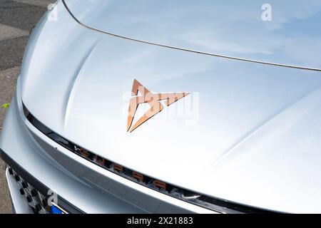 close-up detail electric light blue car CUPRA, technology Spanish SEAT Cupra company brand, Automotive Industry, Leadership and Innovations, Frankfurt Stock Photo