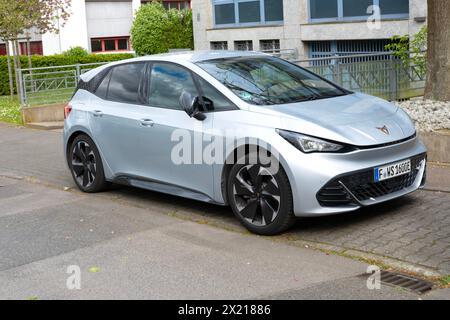 electric light blue car CUPRA on street, technology Spanish SEAT Cupra company brand, Automotive Industry, Leadership and Innovations, Frankfurt, Germ Stock Photo