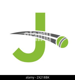 Cricket Logo On Letter J Concept With Moving Cricket Ball Symbol. Cricket Sign Stock Vector