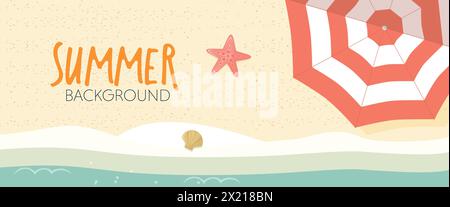 Beach background aerial view with an umbrella on the sand. Summer vector illustration Stock Vector