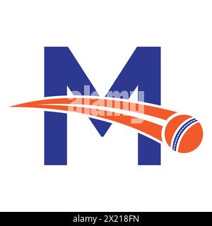 Cricket Logo On Letter M Concept With Moving Cricket Ball Symbol. Cricket Sign Stock Vector