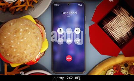 Fast foods and smartphone with fast food calling screen. 3D illustration. Stock Photo