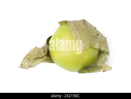 Fresh green tomatillo with husk isolated on white Stock Photo