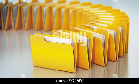 Yellow folders arranged in circle isolated on white background. 3D illustration. Stock Photo
