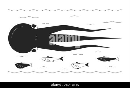 Octopus swimming with fish school black and white 2D line cartoon characters Stock Vector