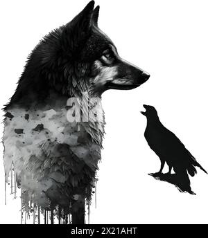 Vector illustration of wolf and raven in black silhouette against a clean white background, capturing graceful forms. Stock Vector