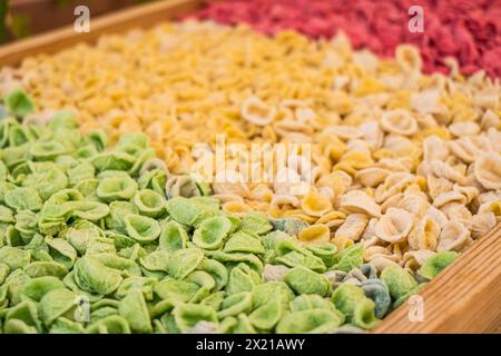 Colorful Orecchiette, typical pasta from Bari, in southern Italy.Tourism, Puglia, holiday destination Stock Photo