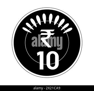 Indian 10 rupees coin. The coin is depicted in black and white. Vector ...