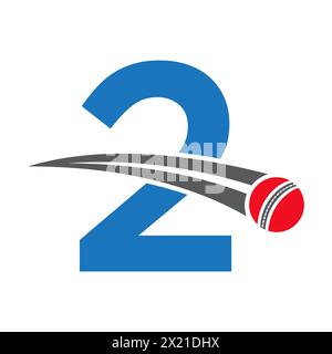 Cricket Logo On Letter 2 Concept With Moving Cricket Ball Symbol. Cricket Sign Stock Vector