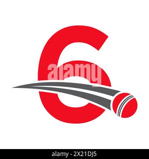 Cricket Logo On Letter 6 Concept With Moving Cricket Ball Symbol. Cricket Sign Stock Vector