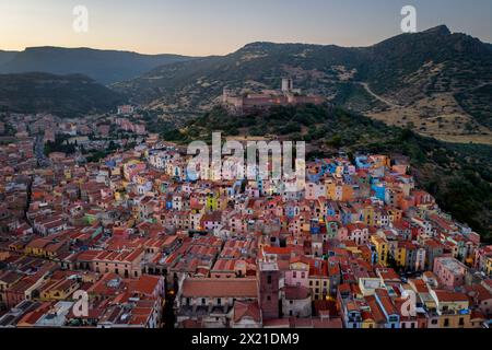Bosa colorful city aerial drone view with castle on the top, Sardinia Stock Photo