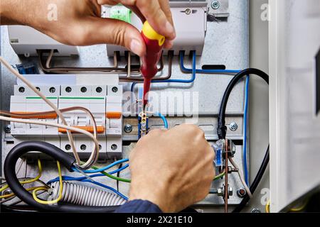 Blue wire of power cable is connected to neutral terminal bar of switchboard during wiring work. Stock Photo