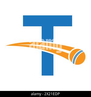 Cricket Logo On Letter T Concept With Moving Cricket Ball Symbol. Cricket Sign Stock Vector