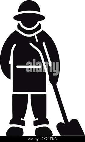 Vector illustration of a man with a shovel in black silhouette against a clean white background, capturing graceful forms of this vector. Stock Vector